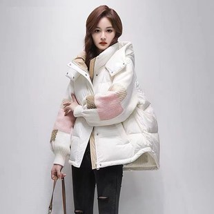 外 羽绒棉服女短款 2023新款 拼接时尚 E宽松棉衣加厚保暖连帽秋冬季