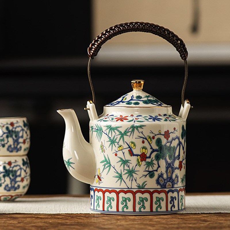 斗彩提梁壶陶瓷带过滤304内胆茶具泡茶冷水壶国潮民宿餐厅 单水壶