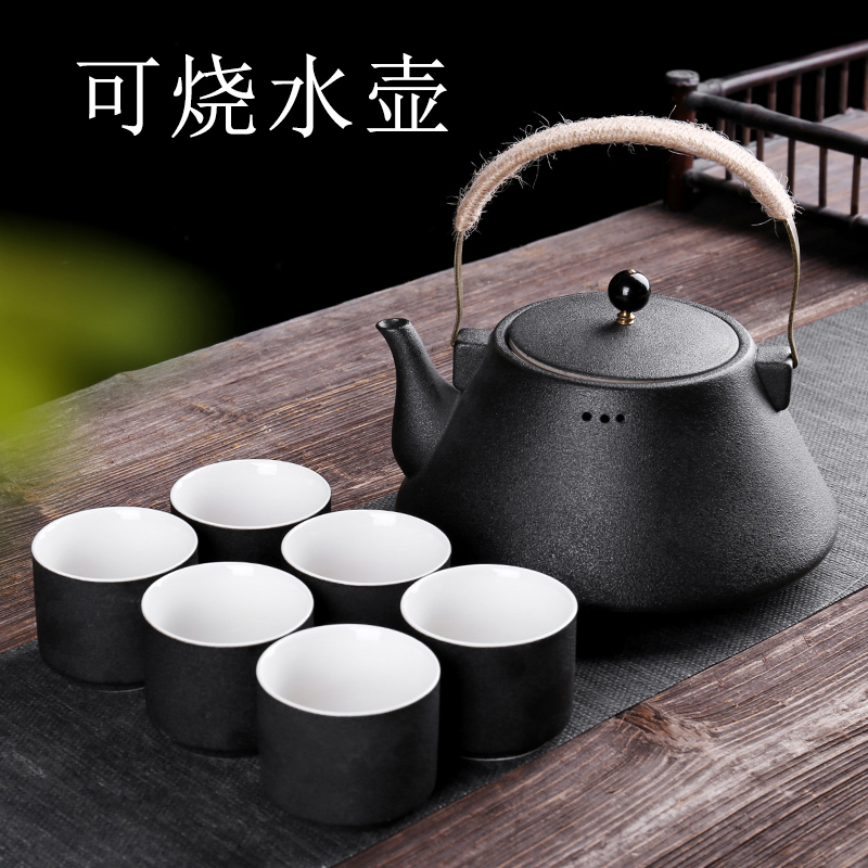 陶瓷大容量黑陶复古提梁泡茶壶套装中式茶杯具家用可电磁炉煮茶器