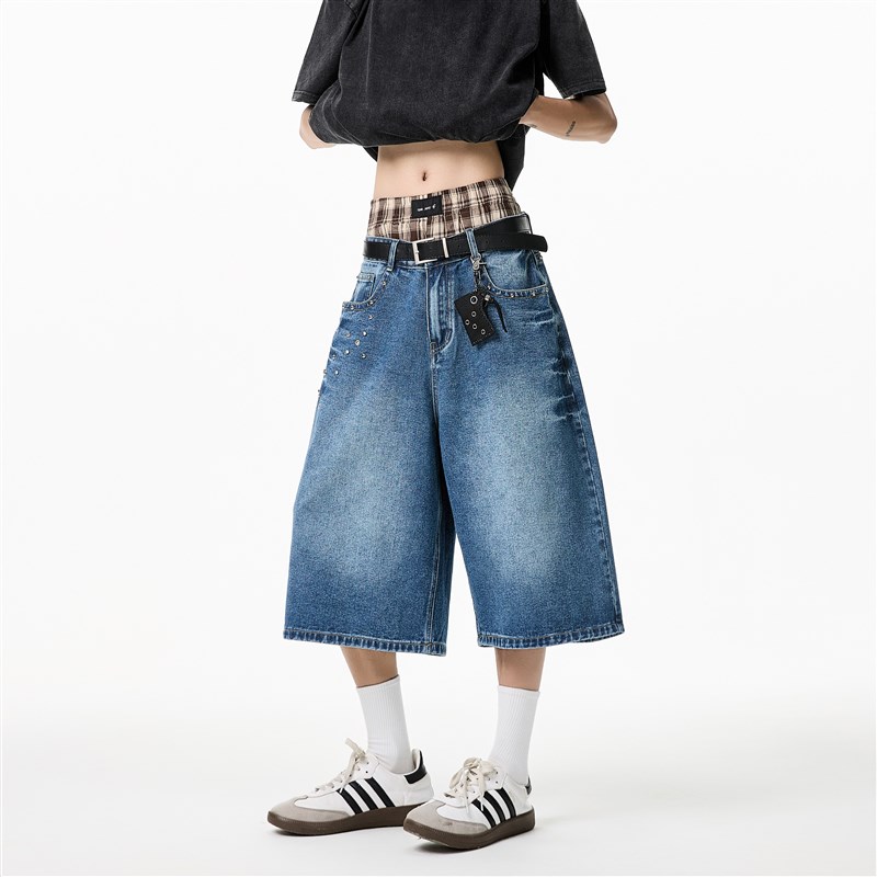 水洗蓝色铆d钉七分裤男夏季美式复古潮牌阔腿短裤宽松过膝休闲裤