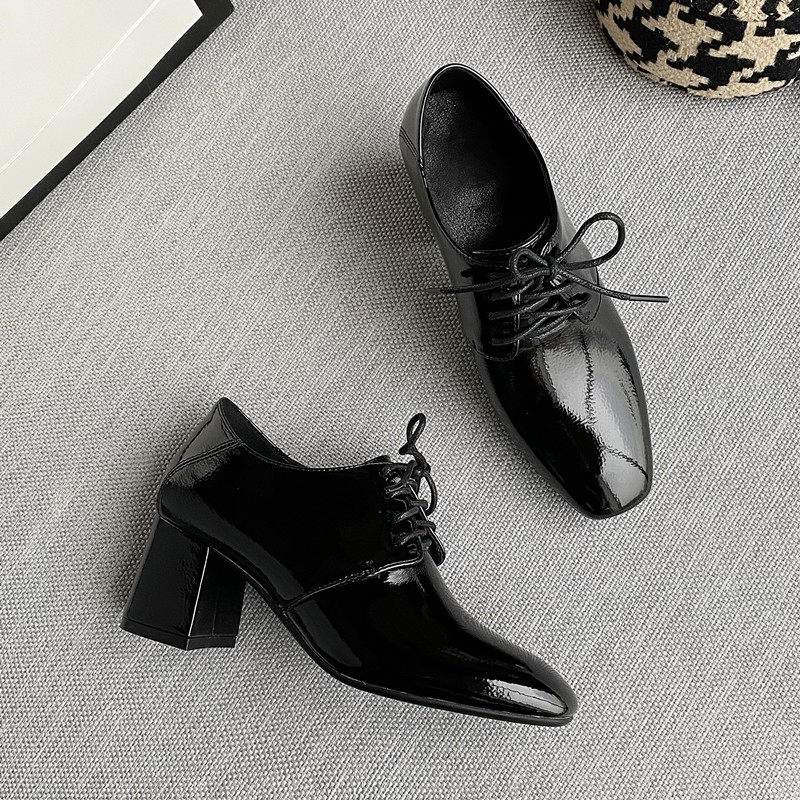 2021新款春秋粗跟深口系带单鞋女鞋方头高跟鞋英伦工作小皮鞋大码