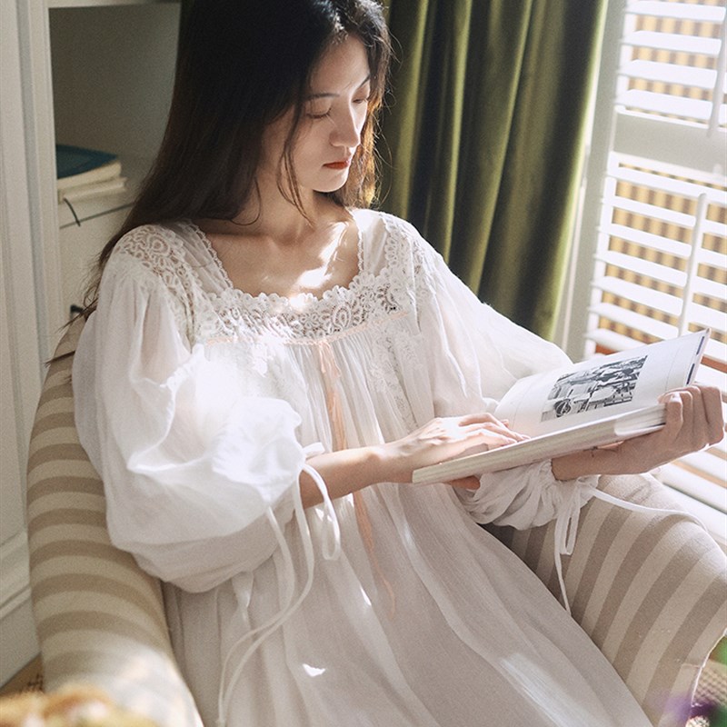 法式仙女赫本风睡裙女春秋季纯棉长袖高级感蕾丝公主睡衣复古长裙