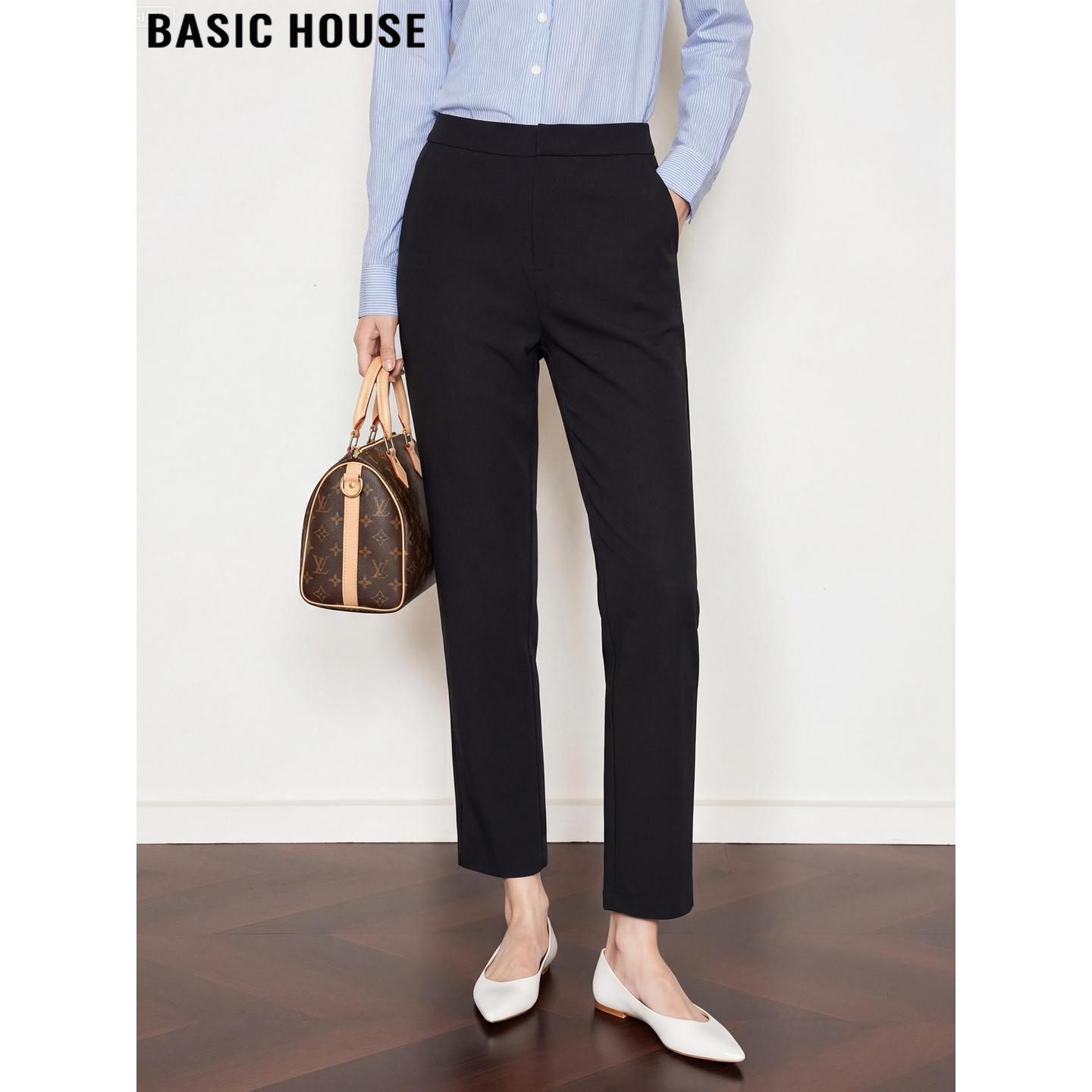 Basic House/百家好黑色九分直筒西装裤女夏季通勤高腰小脚烟管裤