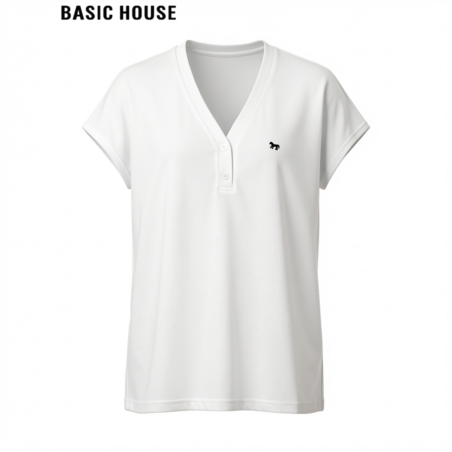 Basic House/百家好白色天丝V领小马刺绣短袖T恤女夏B0956B5CQB2