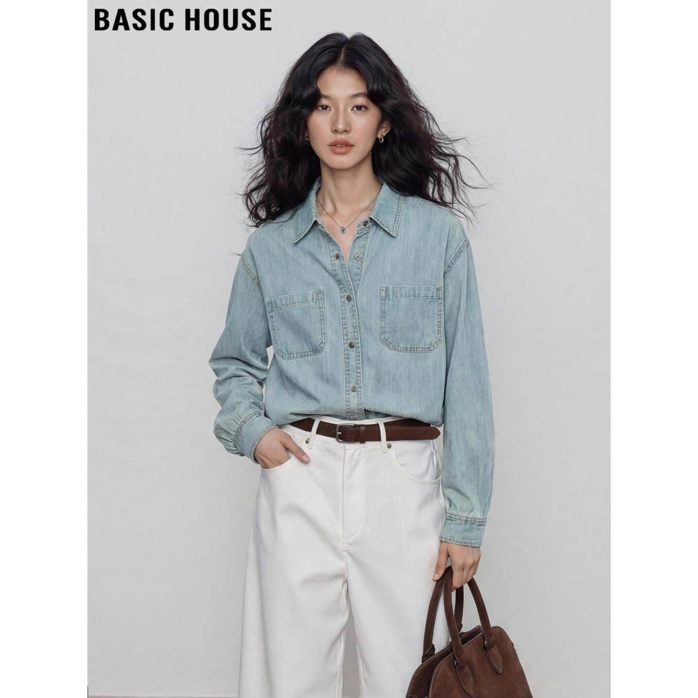 Basic House/百家好蓝色polo领牛仔衬衫女2026春季超好看长袖衬衣