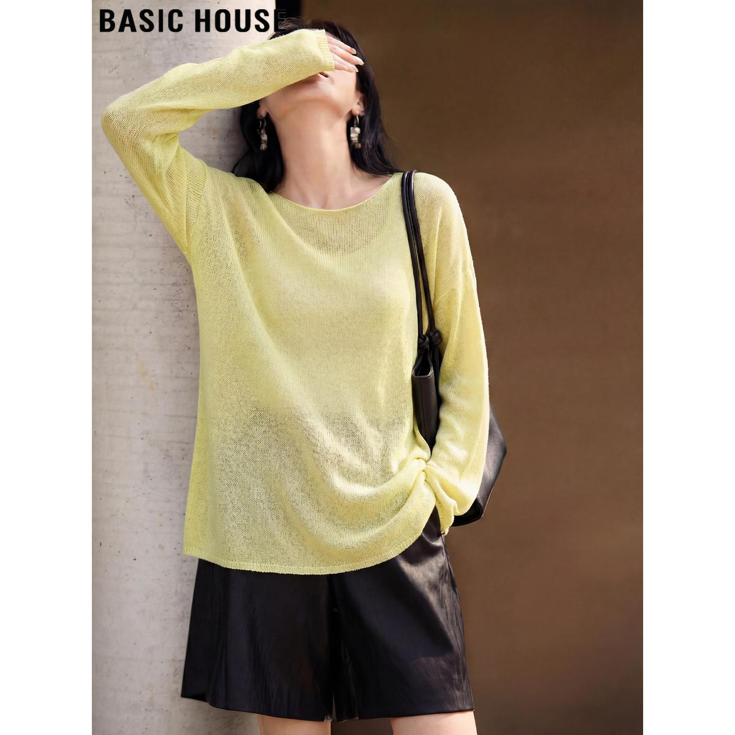Basic House/百家好黄色一字领长袖薄款天丝针织衫女夏季防晒罩衫