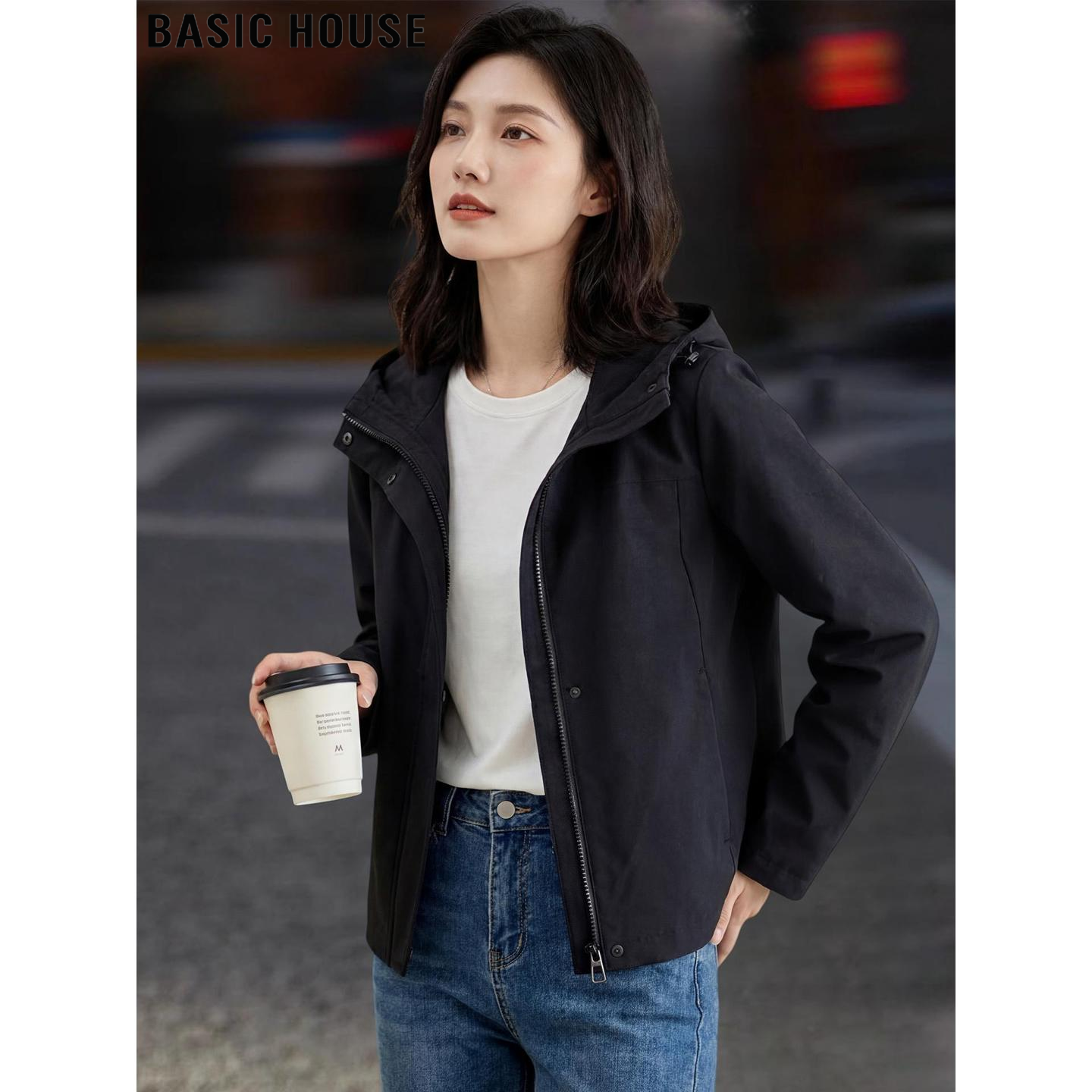 Basic House/百家好气质黑色拉链运动连帽外套女春季通勤夹克上衣