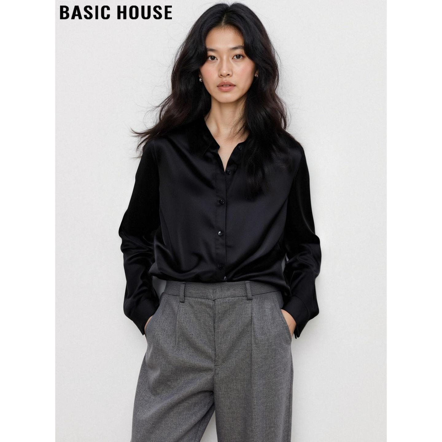 Basic House/百家好黑色缎面长袖衬衫女2026春季超好看polo领衬衣