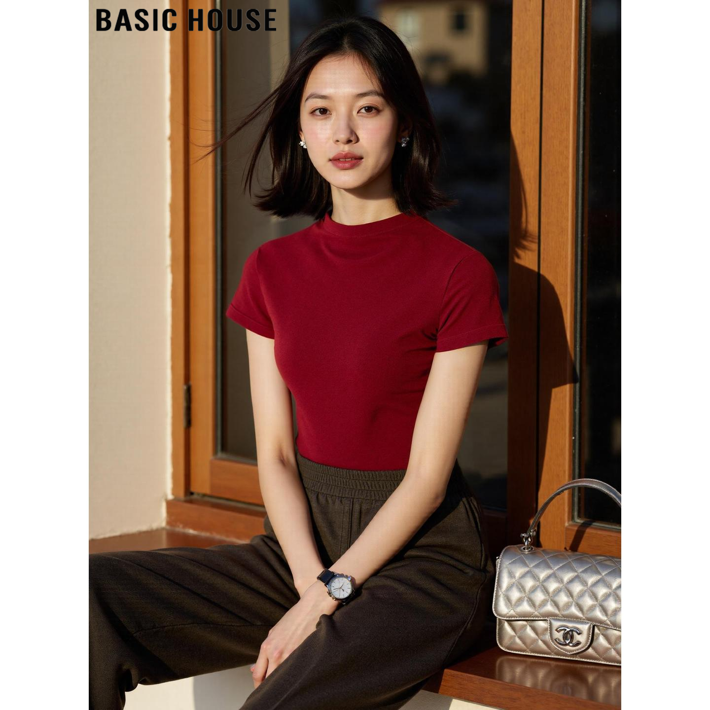 Basic House/百家好红色半高领含羊毛天丝短袖T恤女夏季打底上衣