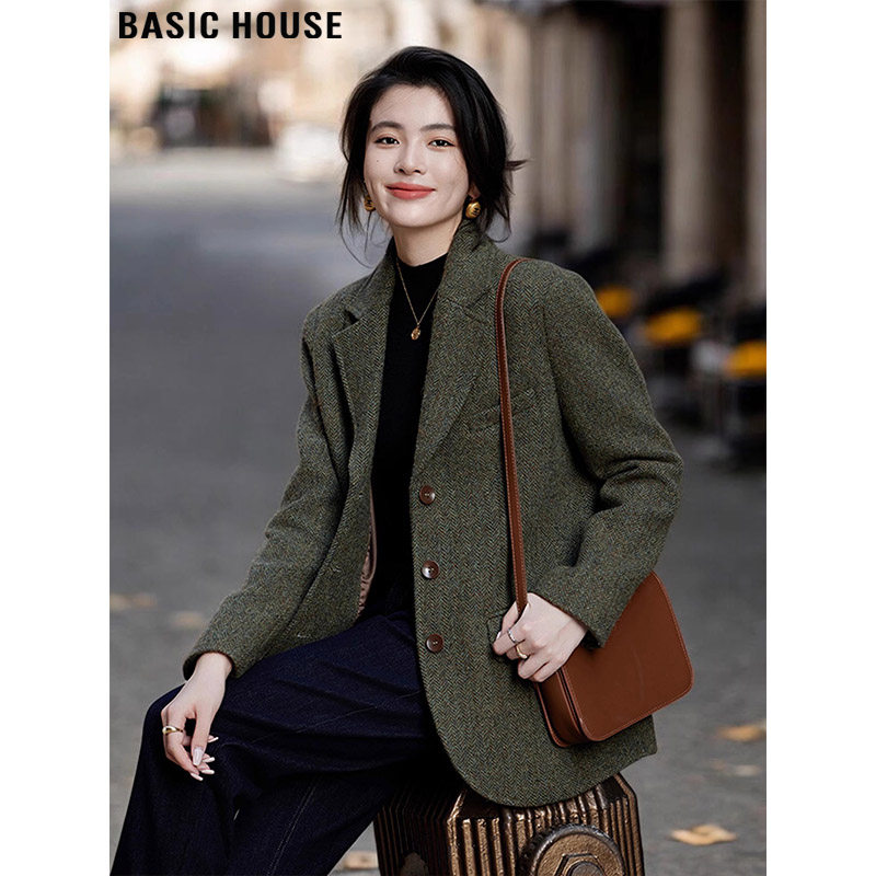 Basic House/百家好法式绿色毛呢西装外套女冬季100%羊毛短款大衣