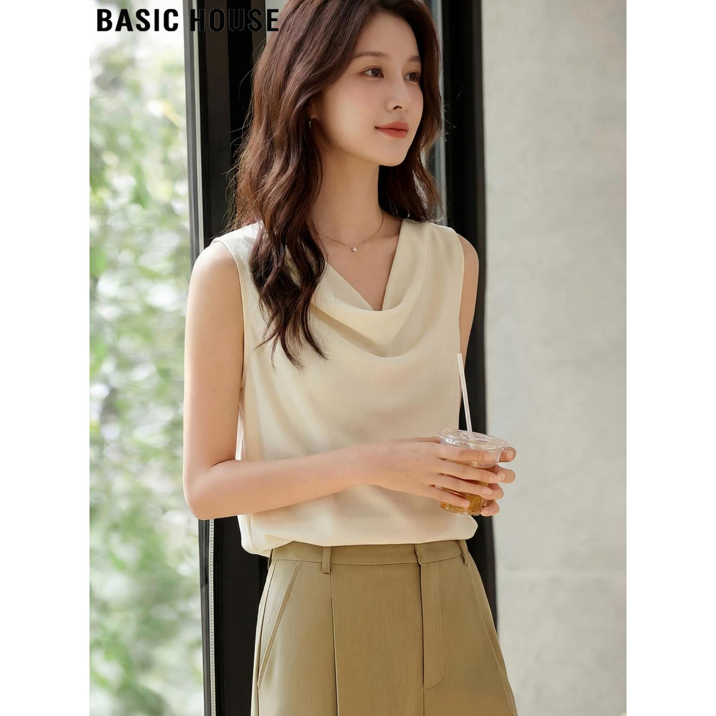 Basic House/百家好通勤杏色荡领吊带背心女夏季外穿宽松无袖上衣