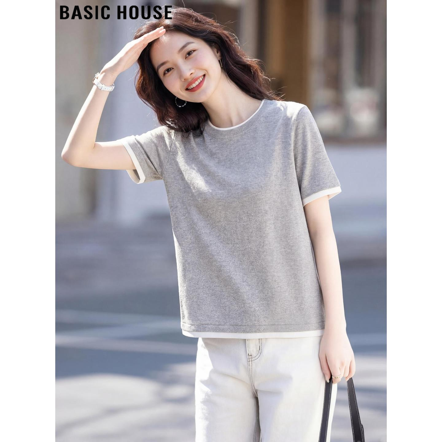 Basic House/百家好假两件灰色100%天丝短袖针织衫女夏季圆领上衣