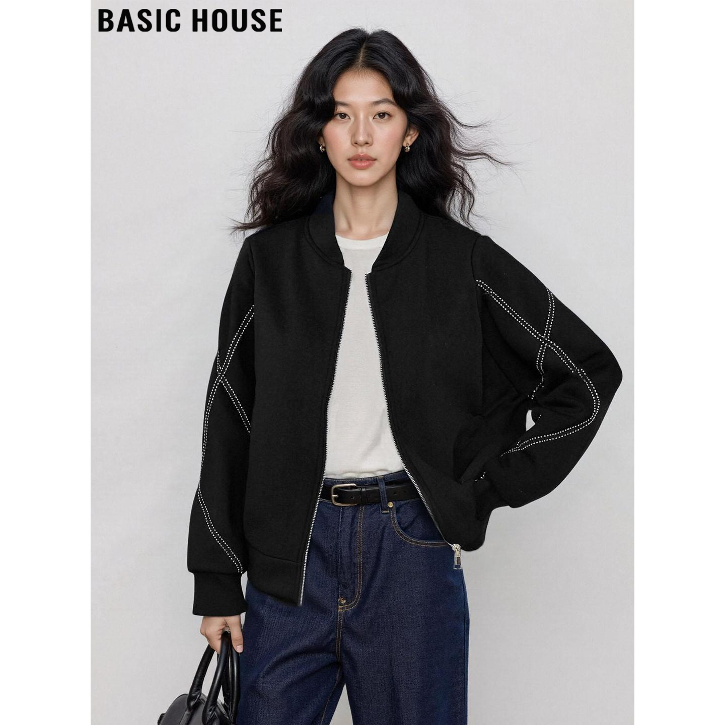 Basic House/百家好美式黑色立领卫衣外套女2026春季拉链开衫夹克