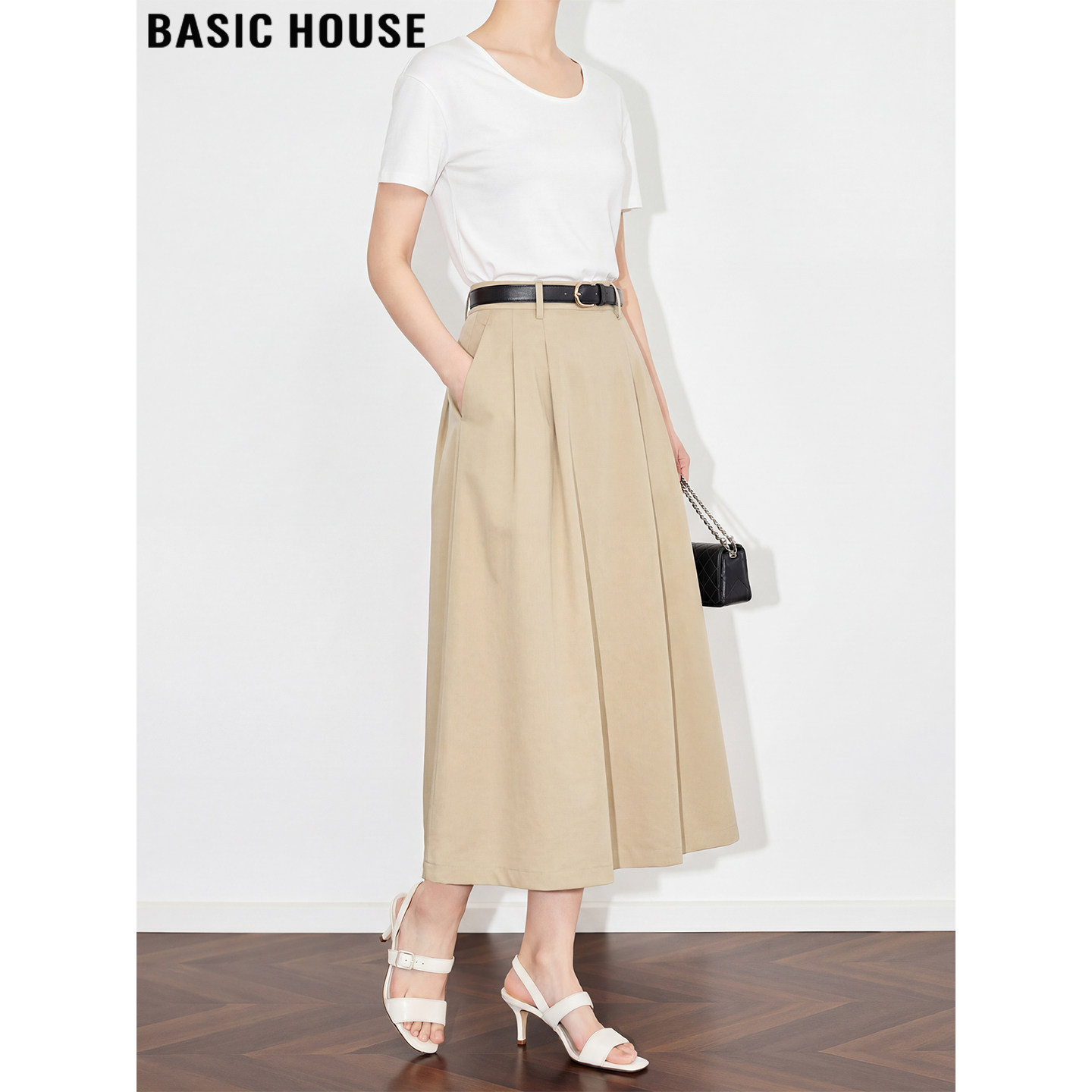 Basic House/百家好黄色西装A字半身大摆裙女夏季高腰中长款伞裙