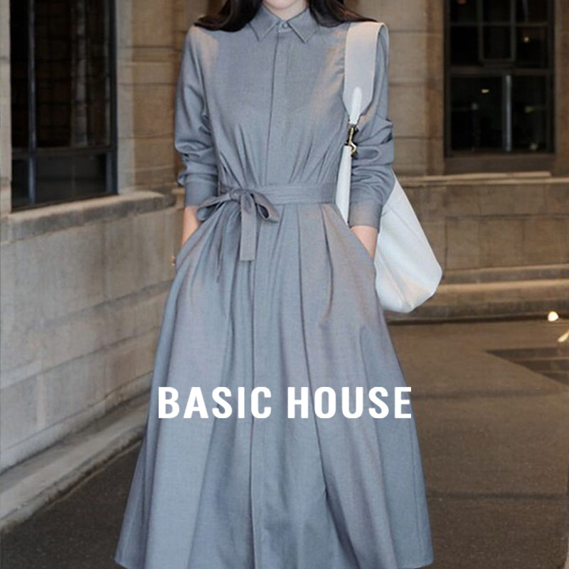 Basic House/百家好 灰色衬衫连衣裙女春季收腰中长款打底A字裙子