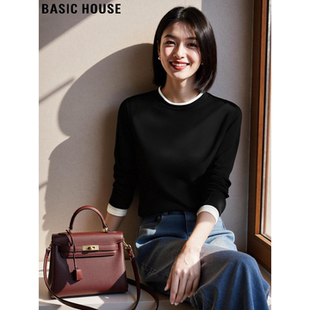 Basic House/百家好假两件撞色圆领长袖天丝T恤女2026春季打底衫