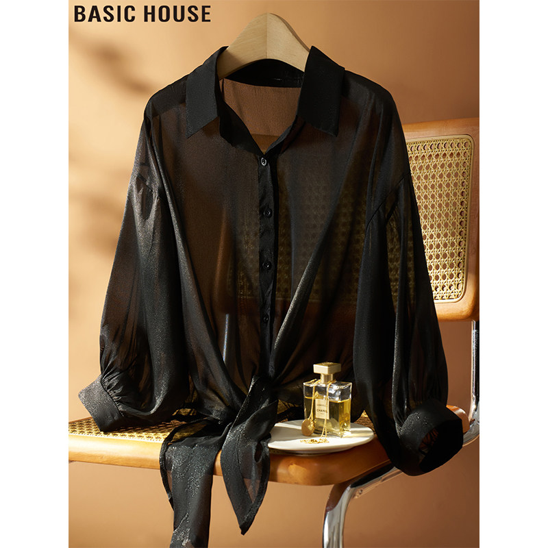 Basic House/百家好黑色冰丝雪纺衬衫外套女夏季小资漂亮防晒罩衫
