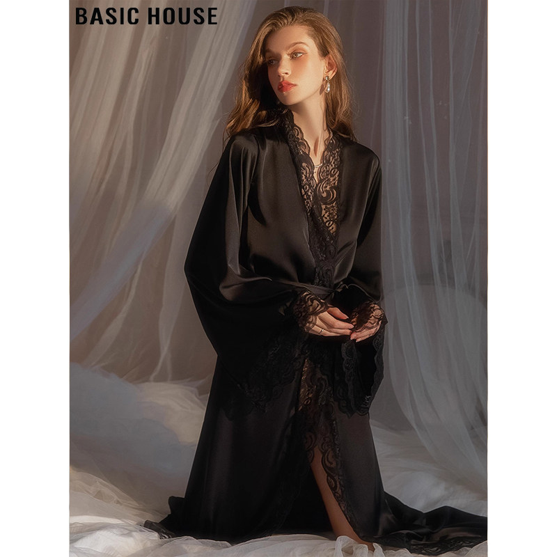 Basic House/百家好吊带睡衣女性感睡袍长款蕾丝纯欲风家居服夏季
