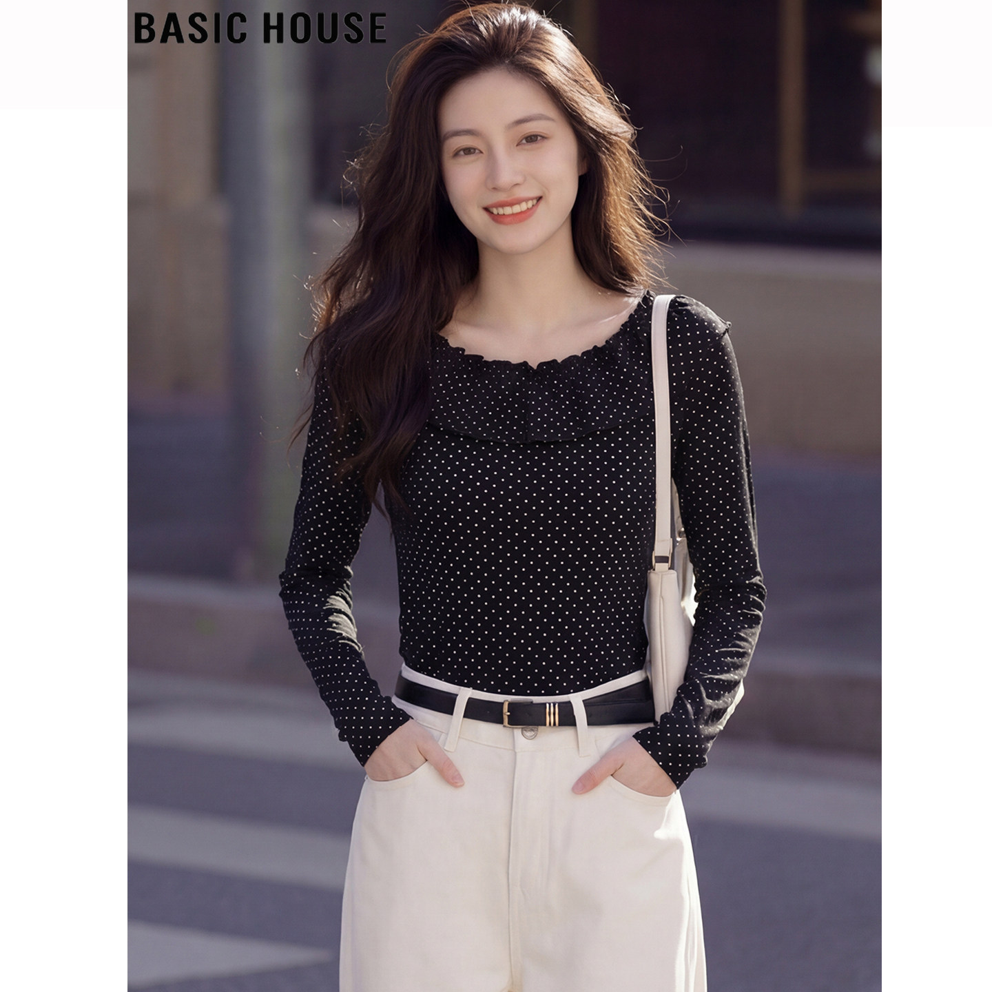 Basic House/百家好法式黑色波点荷叶边长袖T恤女春季巨好看上衣