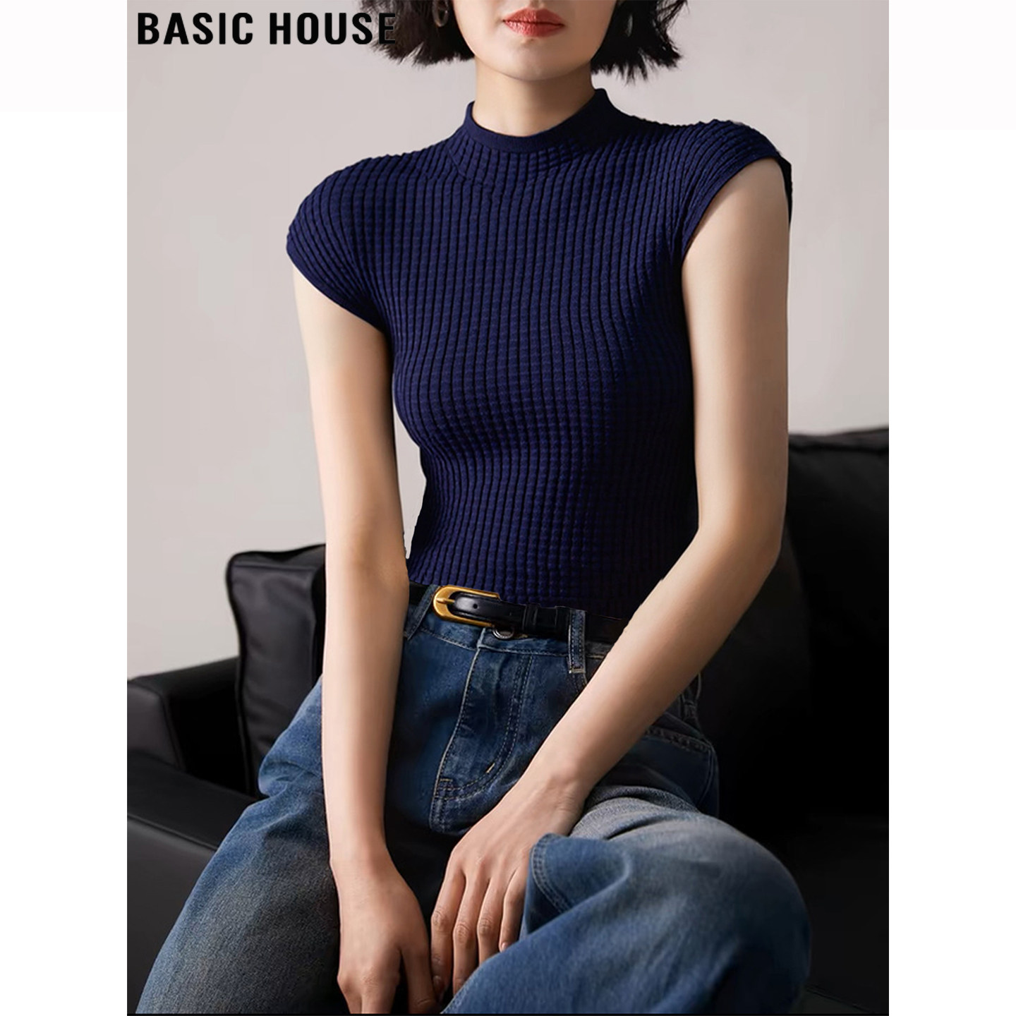 Basic House/百家好蓝色半高领包肩袖针织衫女夏季华夫格打底上衣