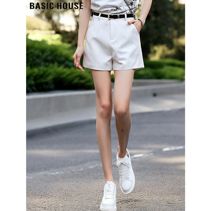 Basic House/百家好白色西装短裤女士夏季新款高腰宽松A字四分裤
