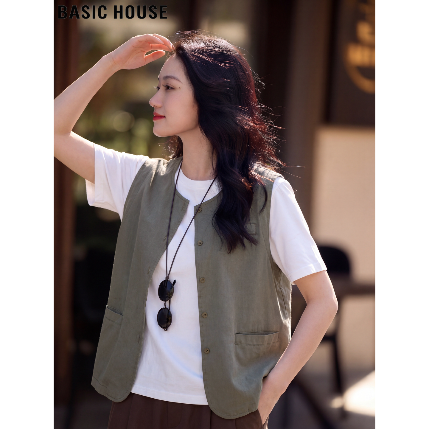 Basic House/百家好灰色薄款天丝马甲背心女夏季冰丝叠穿马夹外套