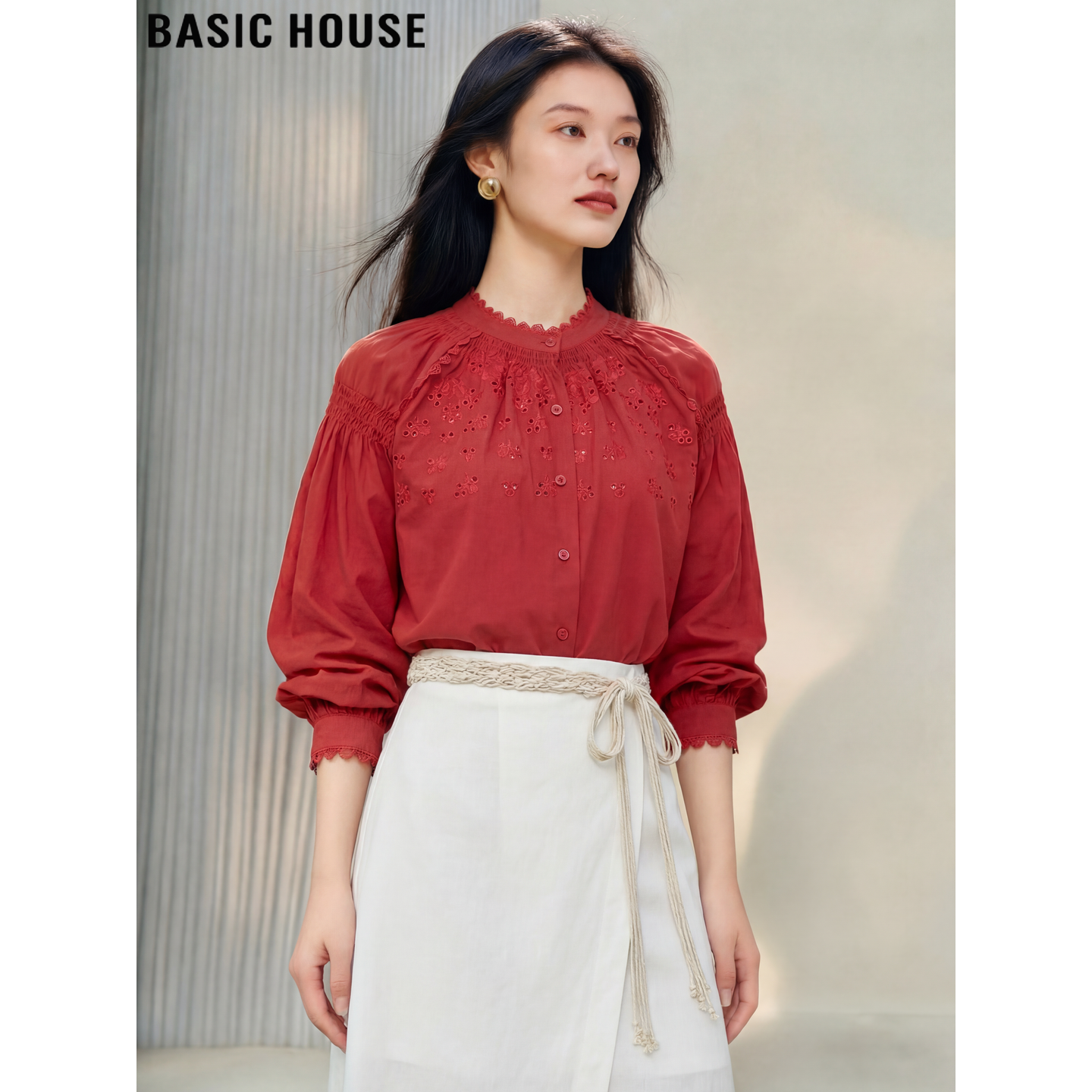 Basic House/百家好新年红色镂空立领长袖衬衫女2026春季叠穿衬衣