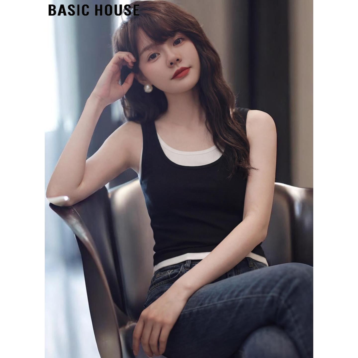 Basic House/百家好黑色假两件吊带背心女夏季超火带胸垫外穿上衣