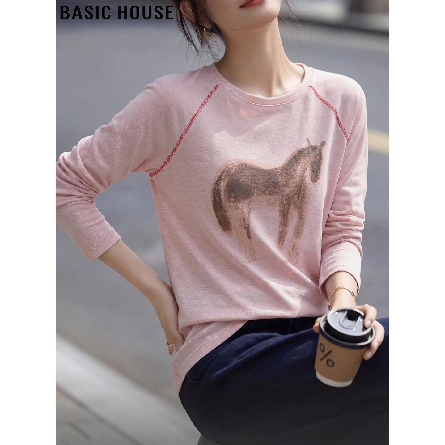 Basic House/百家好粉色文艺风水彩马天丝印花长袖T恤女春季上衣