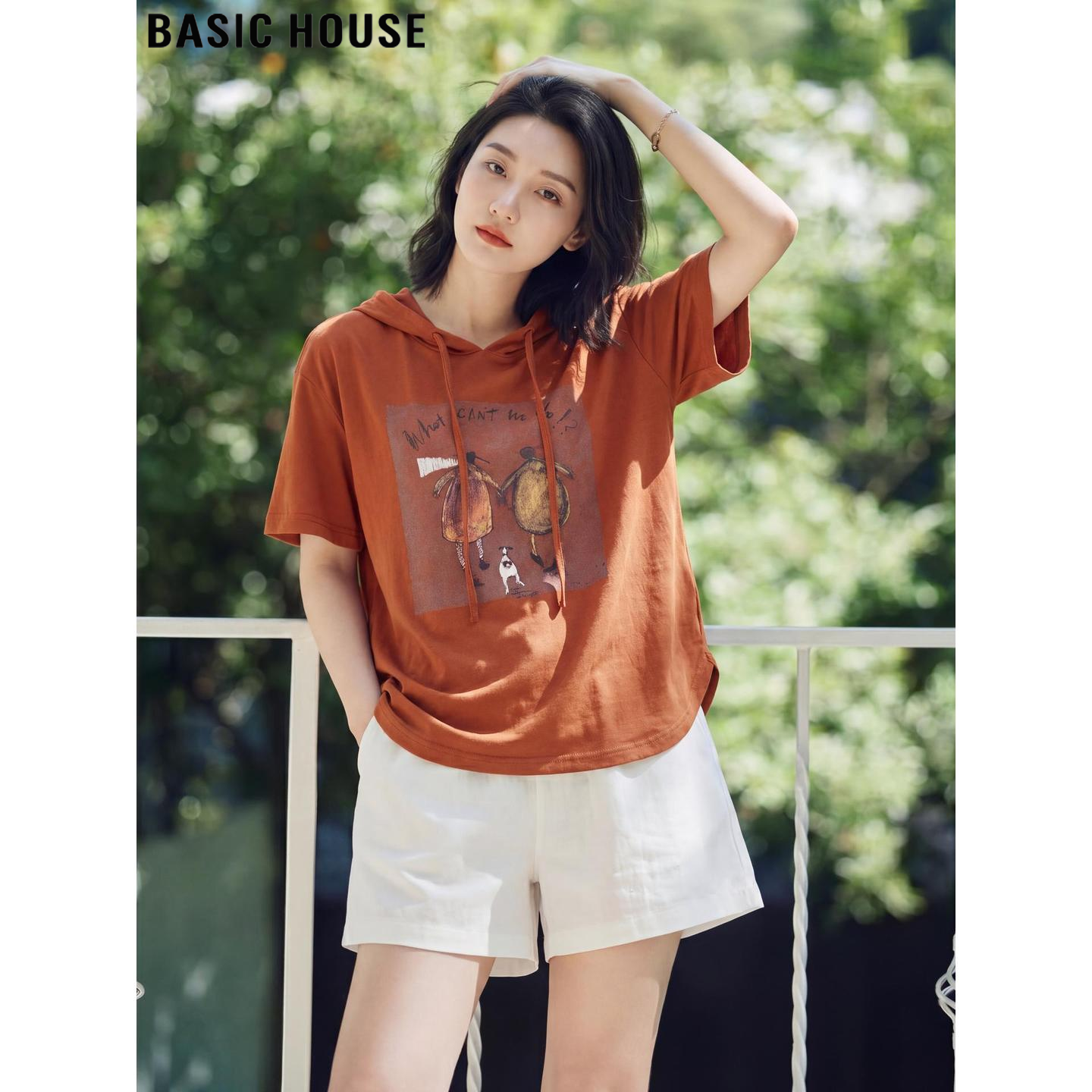Basic House/百家好橙色薄款印花连帽短袖T恤女夏季宽松帽衫上衣