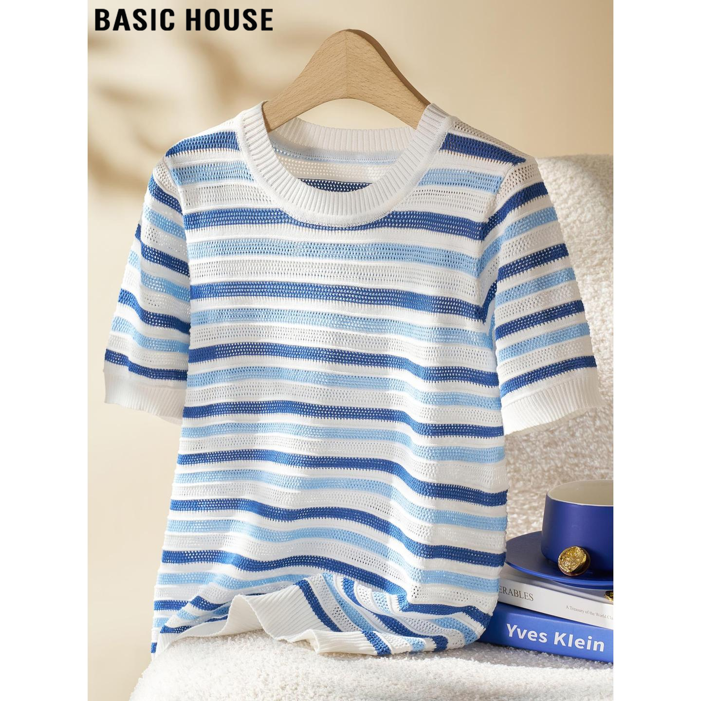 Basic House/百家好蓝色条纹圆领镂空短袖针织衫女夏季超好看上衣