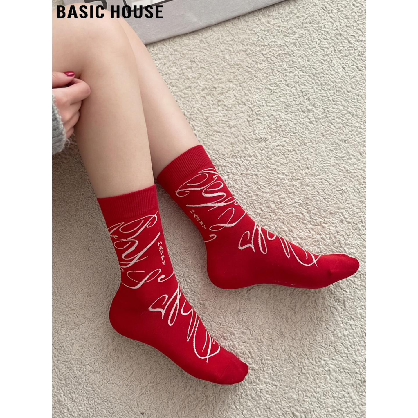 Basic House/百家好3双装 本命年红色袜子女士春季新婚加厚中筒袜