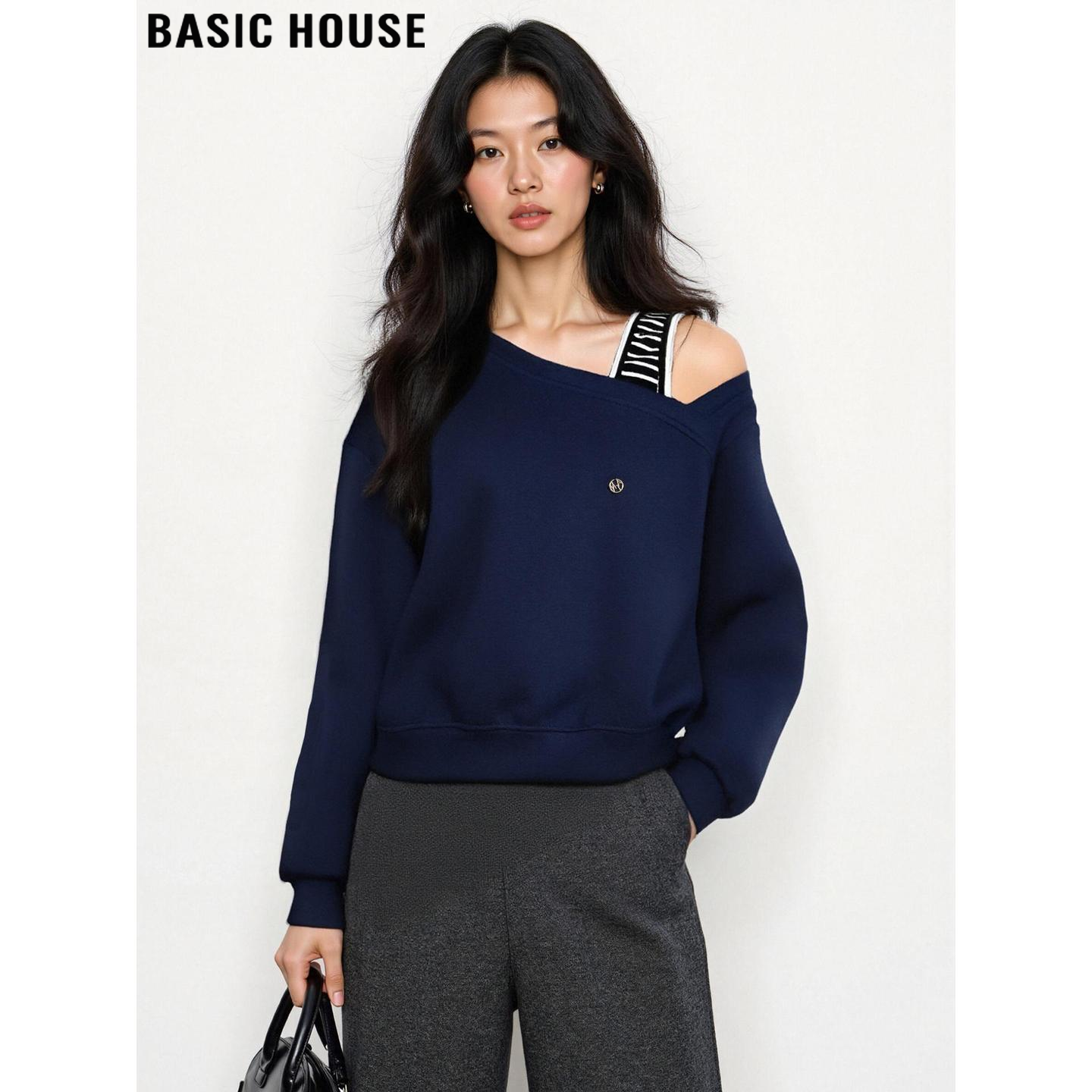 Basic House/百家好设计感不规则斜肩卫衣女2026春季宽松显瘦上衣