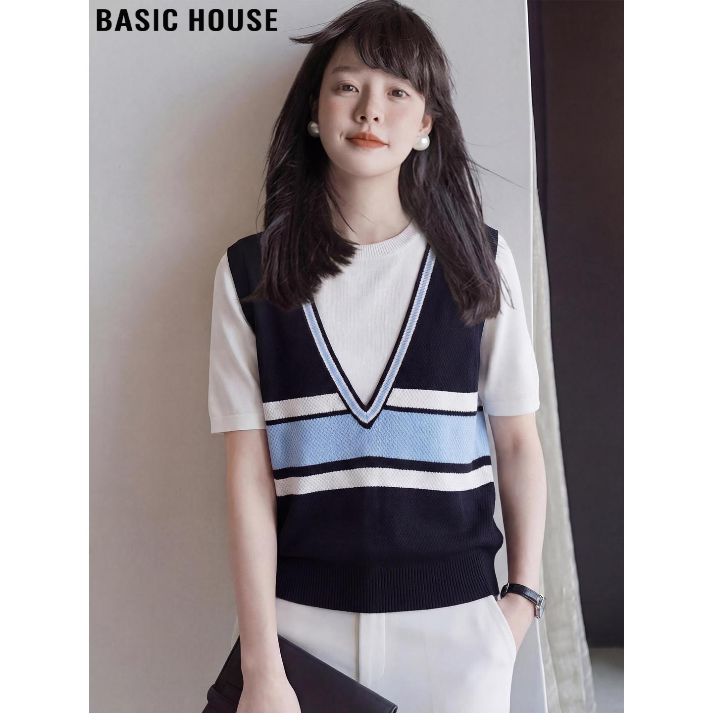 Basic House/百家好假两件条纹V领短袖针织衫女夏季巨好看T恤上衣