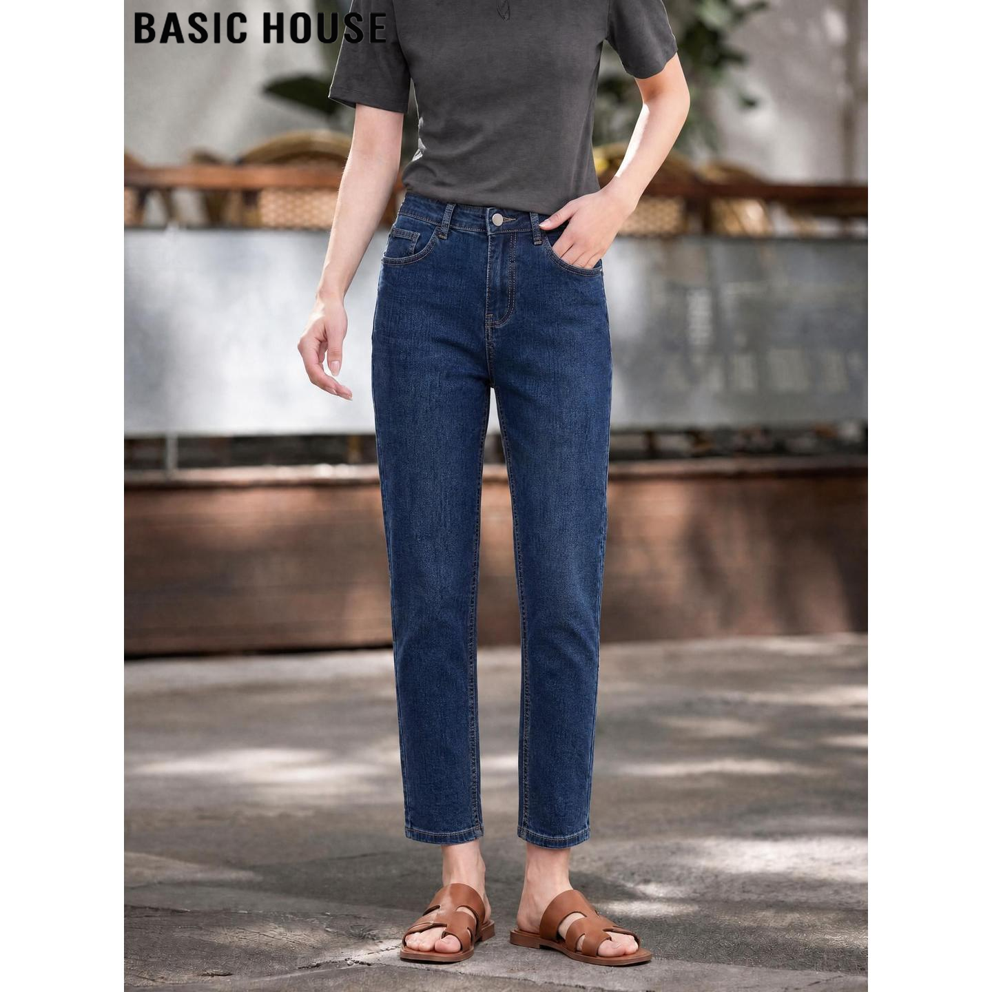Basic House/百家好通勤蓝色九分直筒牛仔裤女夏季高腰窄版烟管裤