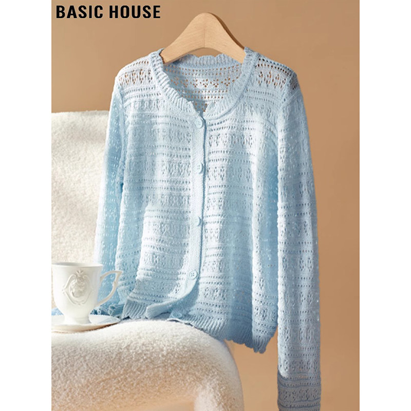 Basic House/百家好蓝色V领镂空针织开衫女2026夏季气质毛衣外套