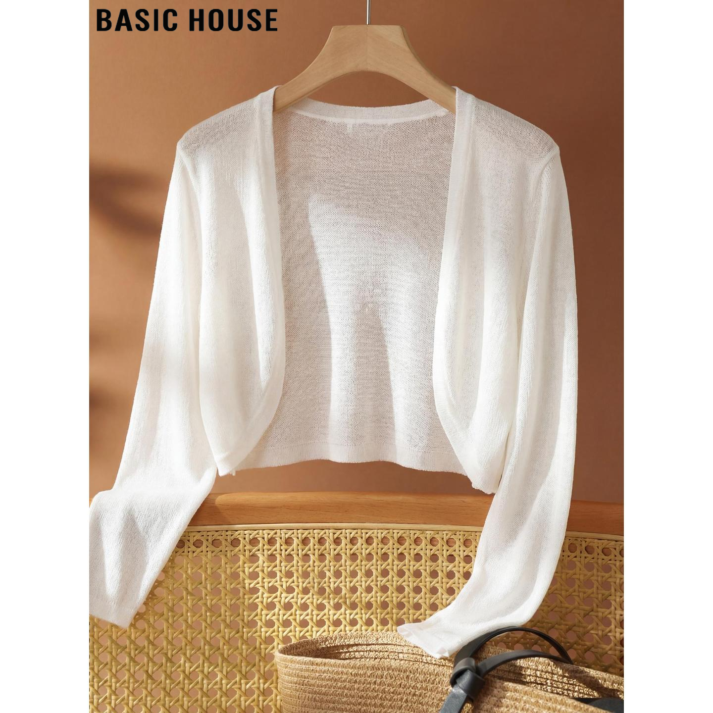 Basic House/百家好白色100%天丝薄款针织开衫女夏季短款防晒罩衫
