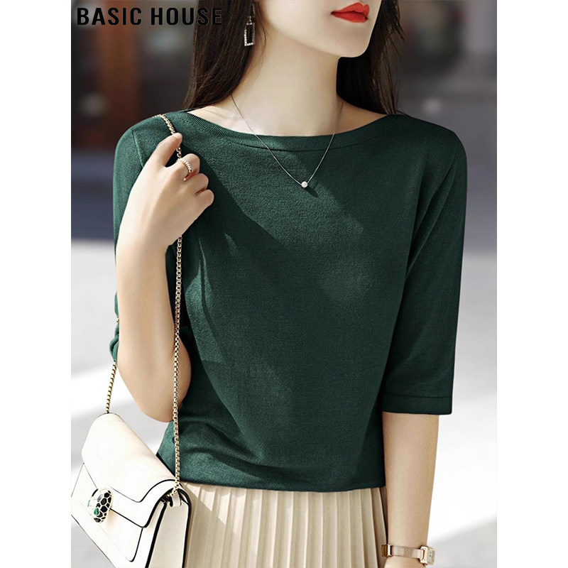 Basic House/百家好知性优雅墨绿色中袖针织衫女士夏季一字领T恤
