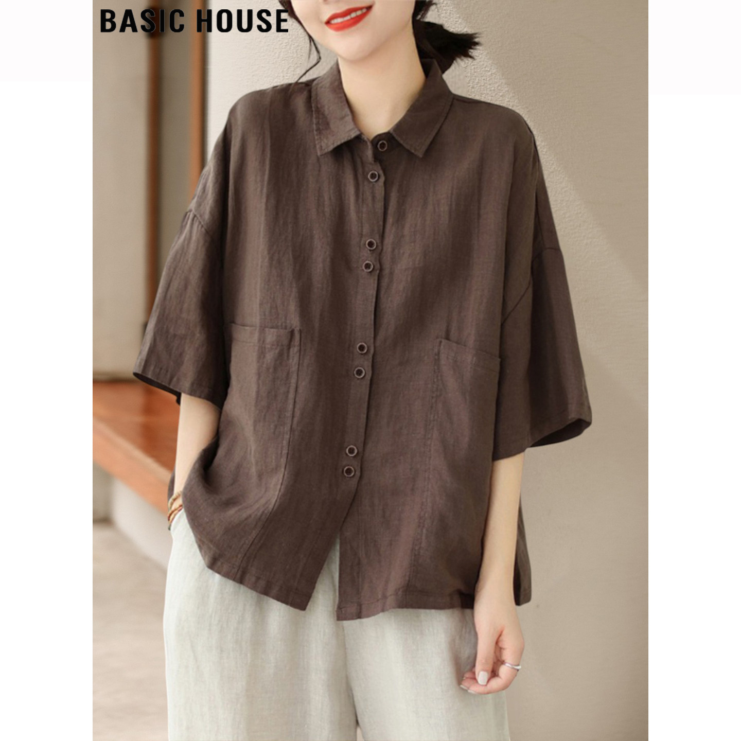 Basic House/百家好文艺风咖色短袖衬衫女夏季宽松五分袖薄款上衣