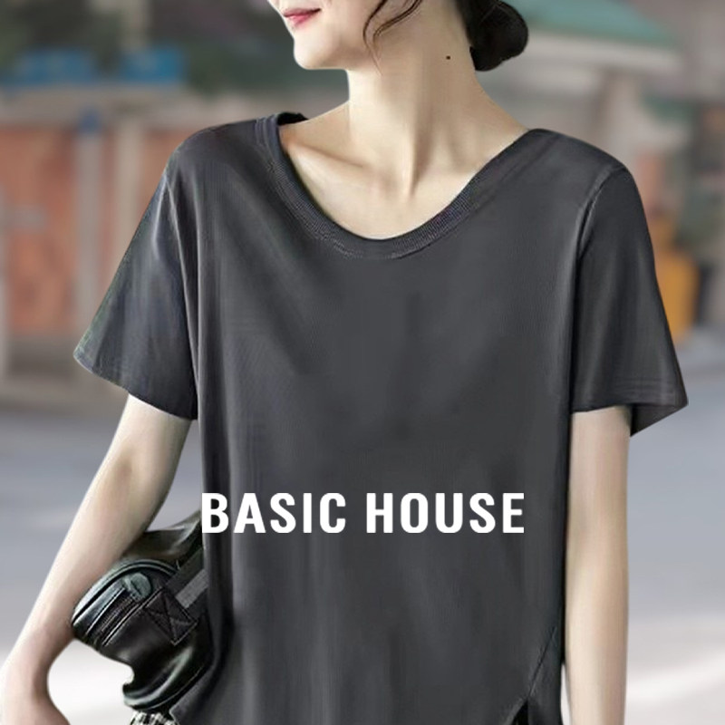 Basic House/百家好不规则开叉灰色短袖T恤女夏季宽松纯棉体恤衫