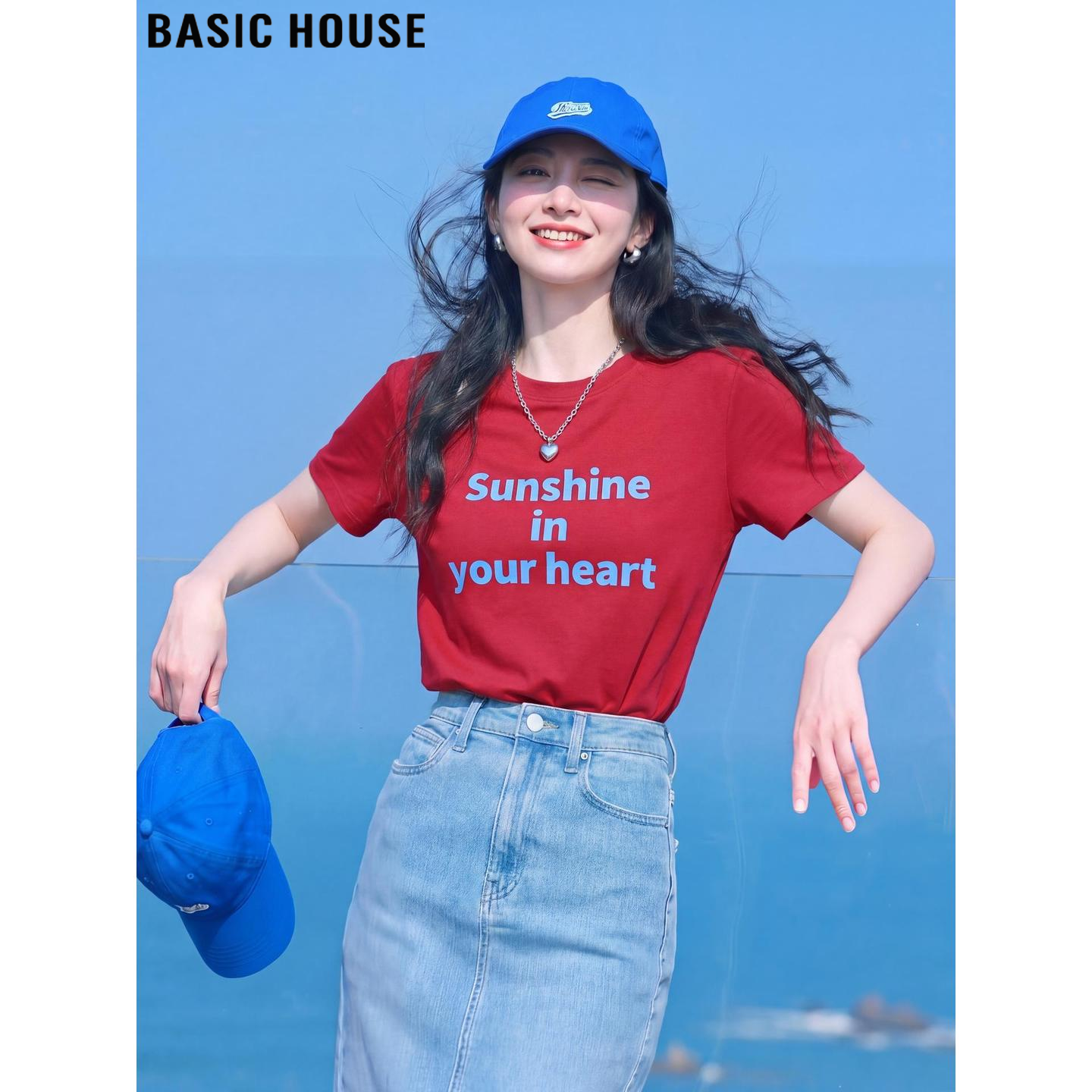 Basic House/百家好红色字母印花圆领短袖T恤女夏季超火正肩上衣