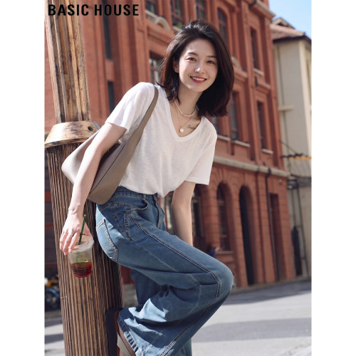 百家好气质白色V领正肩短袖T恤女