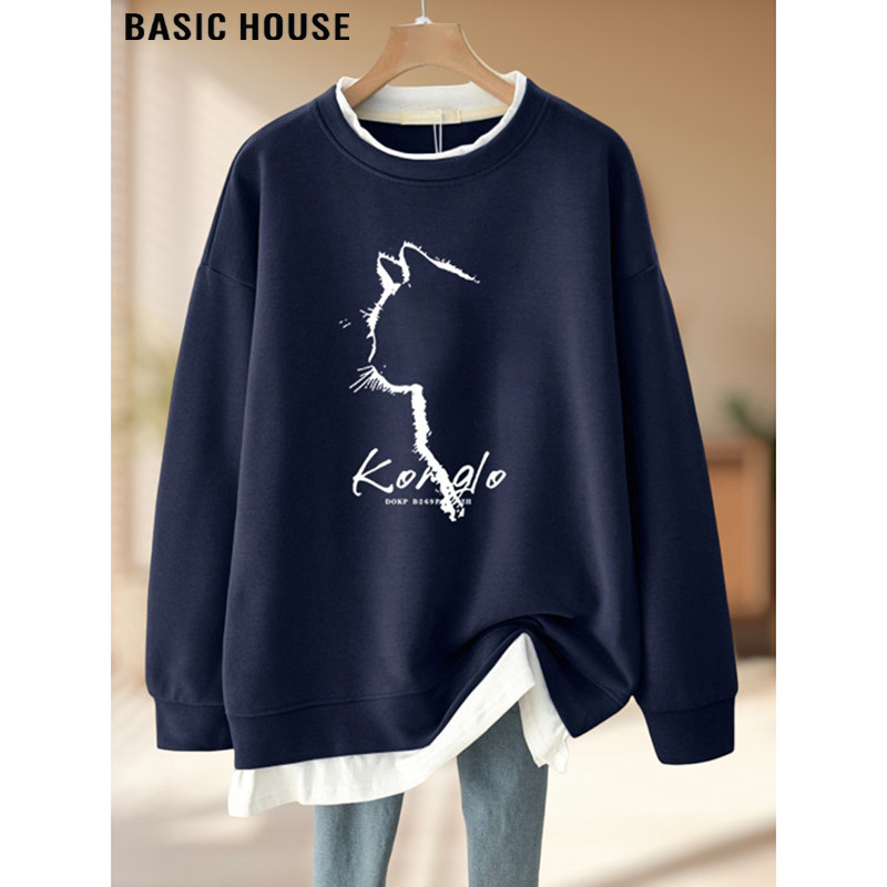 Basic House/百家好藏青色减龄印花宽松卫衣女2026春季假两件上衣