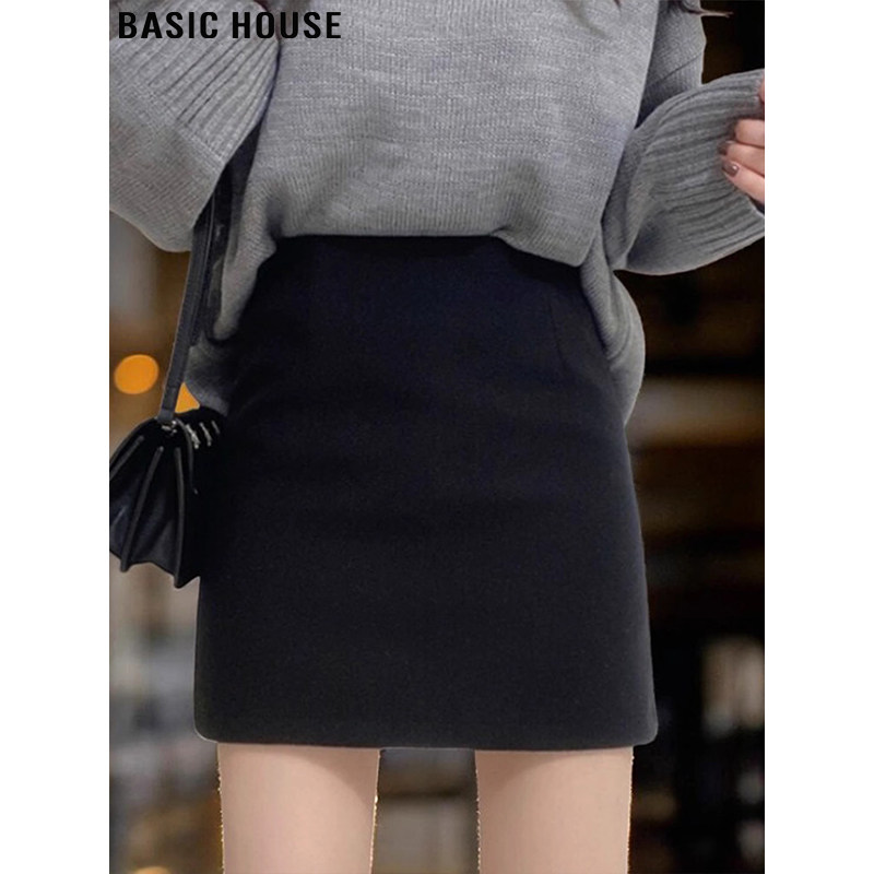 Basic House/百家好黑色加厚毛呢半身裙女2026春季包臀裙打底短裙