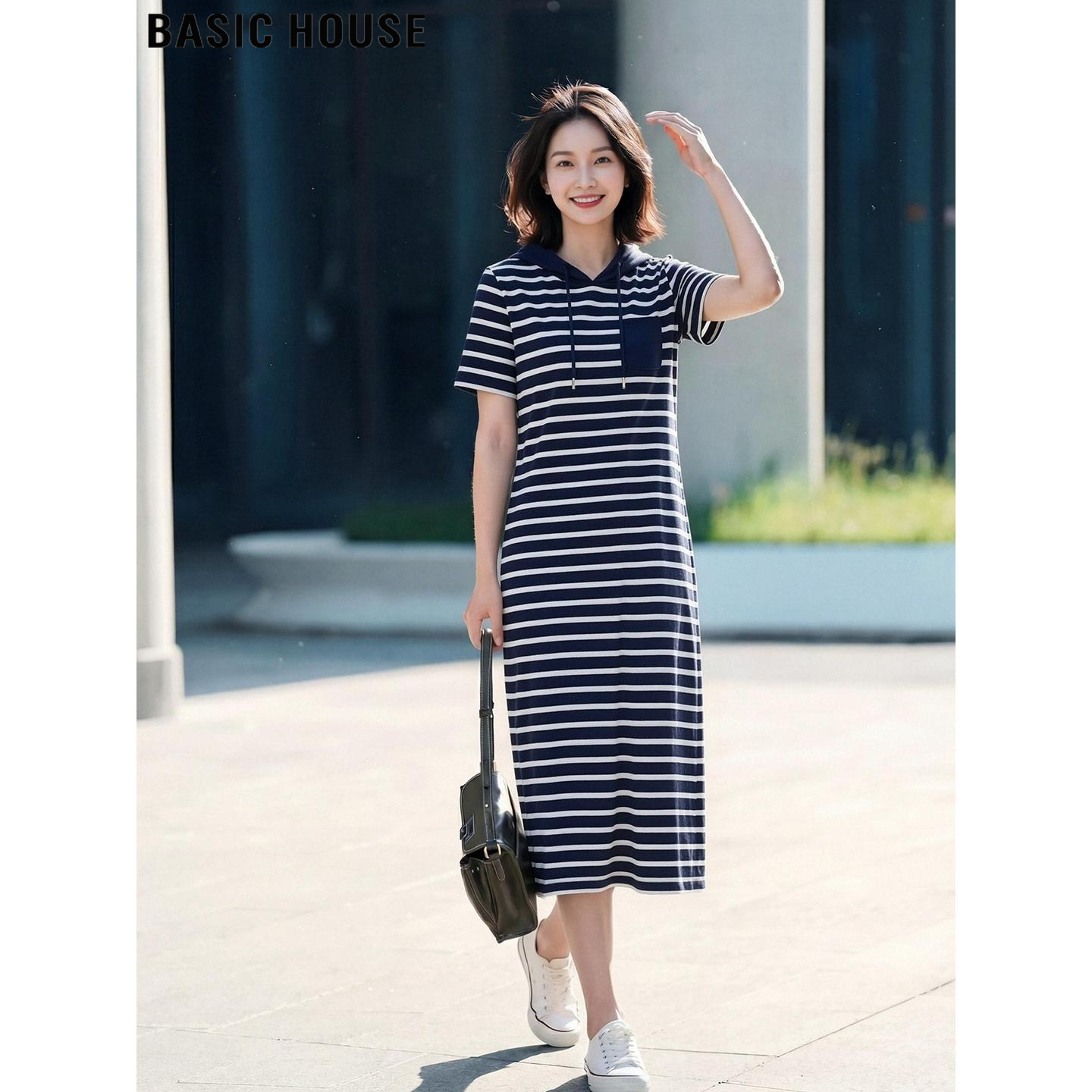 Basic House/百家好蓝色条纹纯棉连帽短袖连衣裙女夏季减龄T恤裙