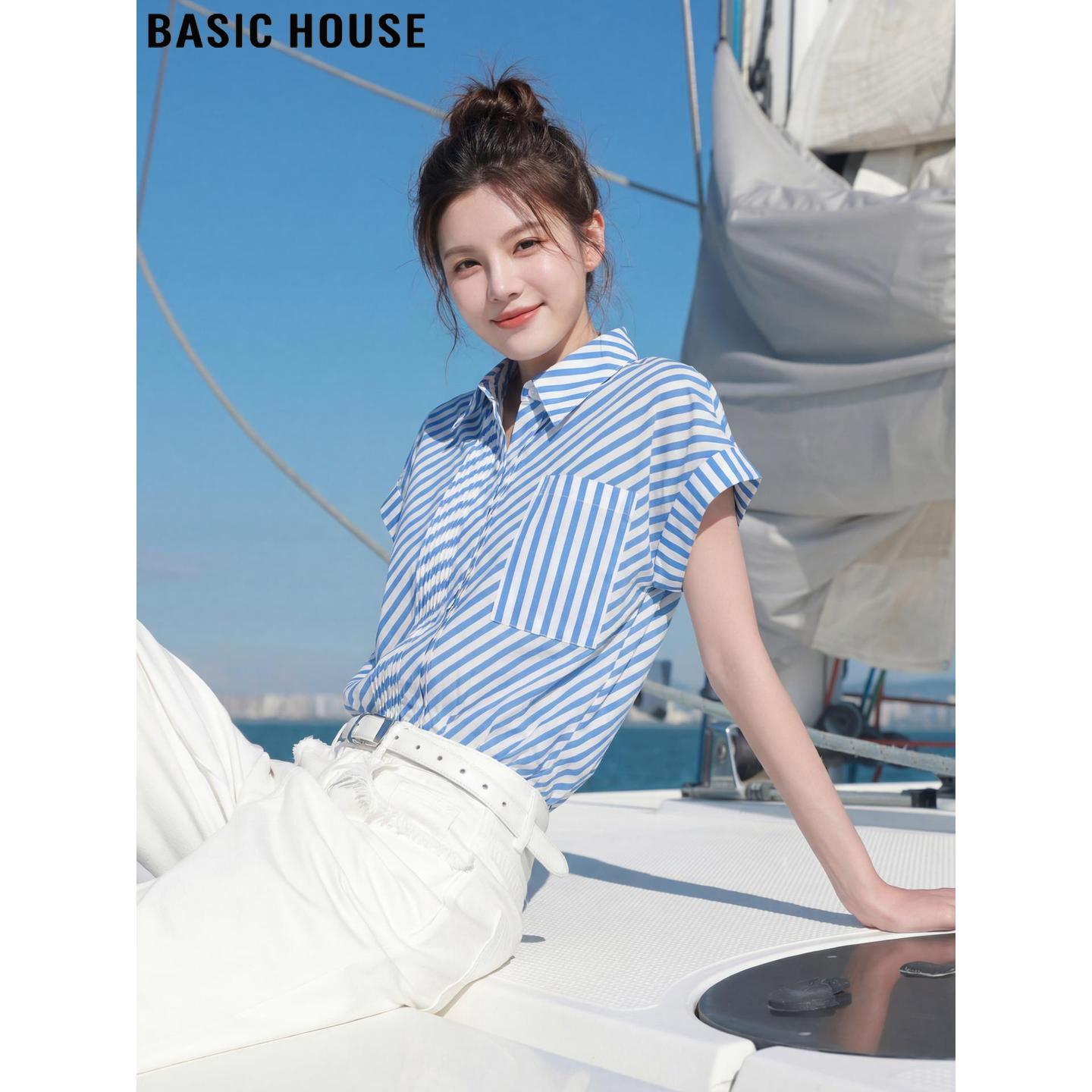 Basic House/百家好蓝色条纹polo领薄款天丝衬衫女夏冰丝短袖上衣
