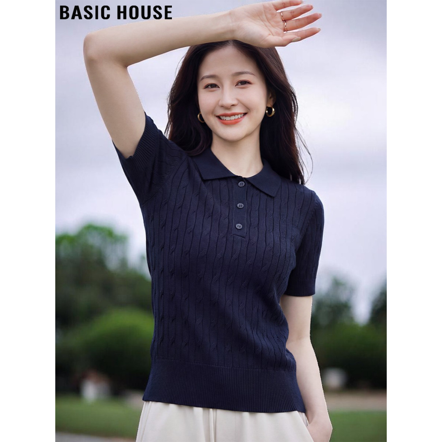 Basic House/百家好藏蓝色polo领天丝短袖针织衫女夏季超好看上衣
