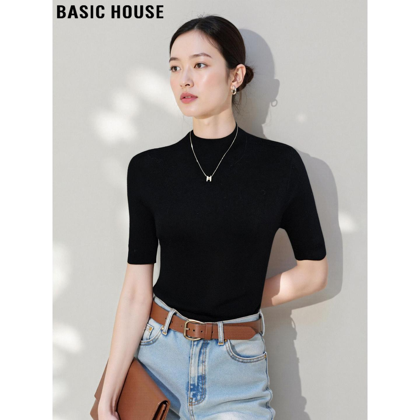 Basic House/百家好法式修身半高领中袖100%羊毛针织衫女2026夏季