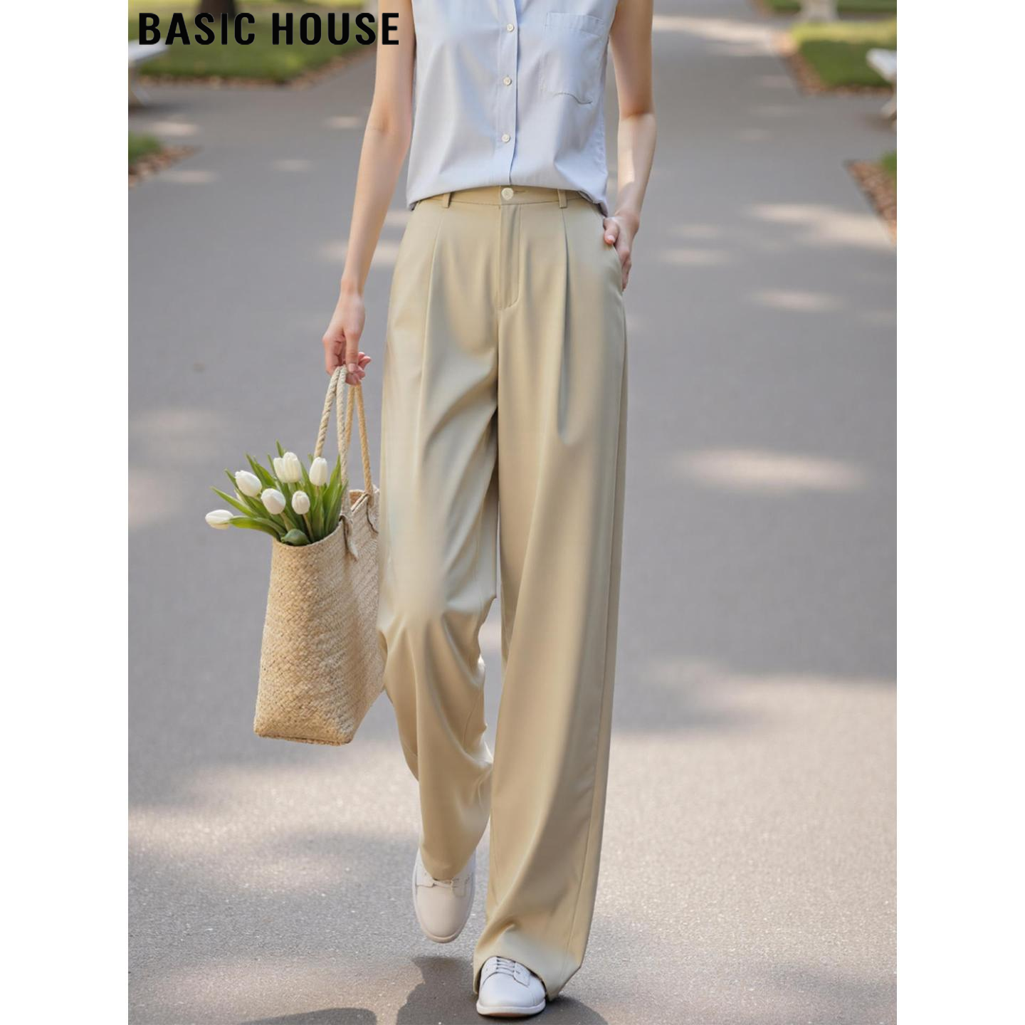 Basic House/百家好休闲卡其色阔腿西装裤女夏季高腰垂感直筒长裤
