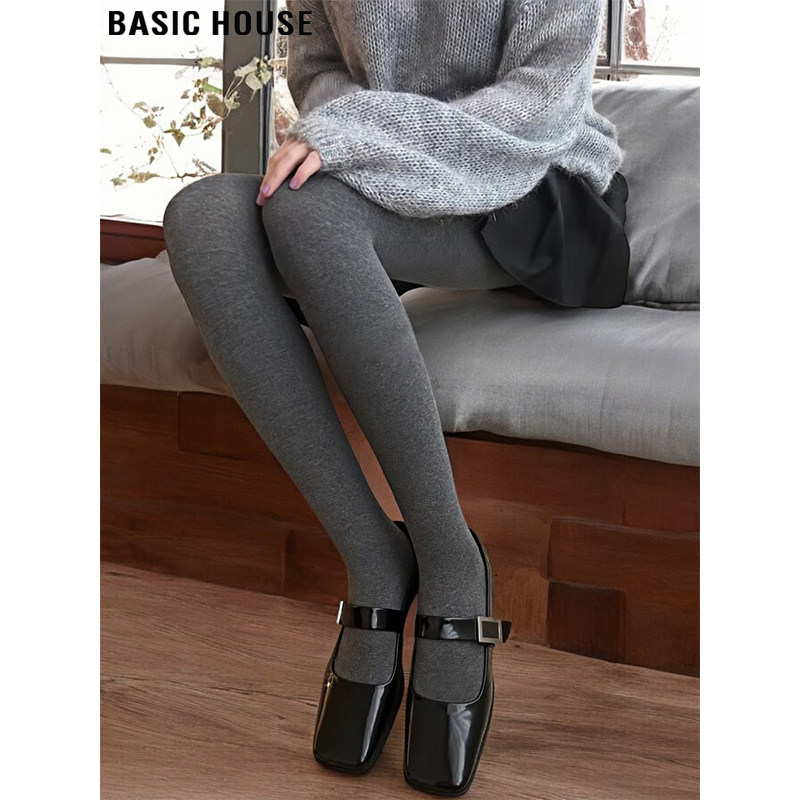 Basic House/百家好灰色紧身连裤袜女春季外穿高腰弹力瘦腿打底裤